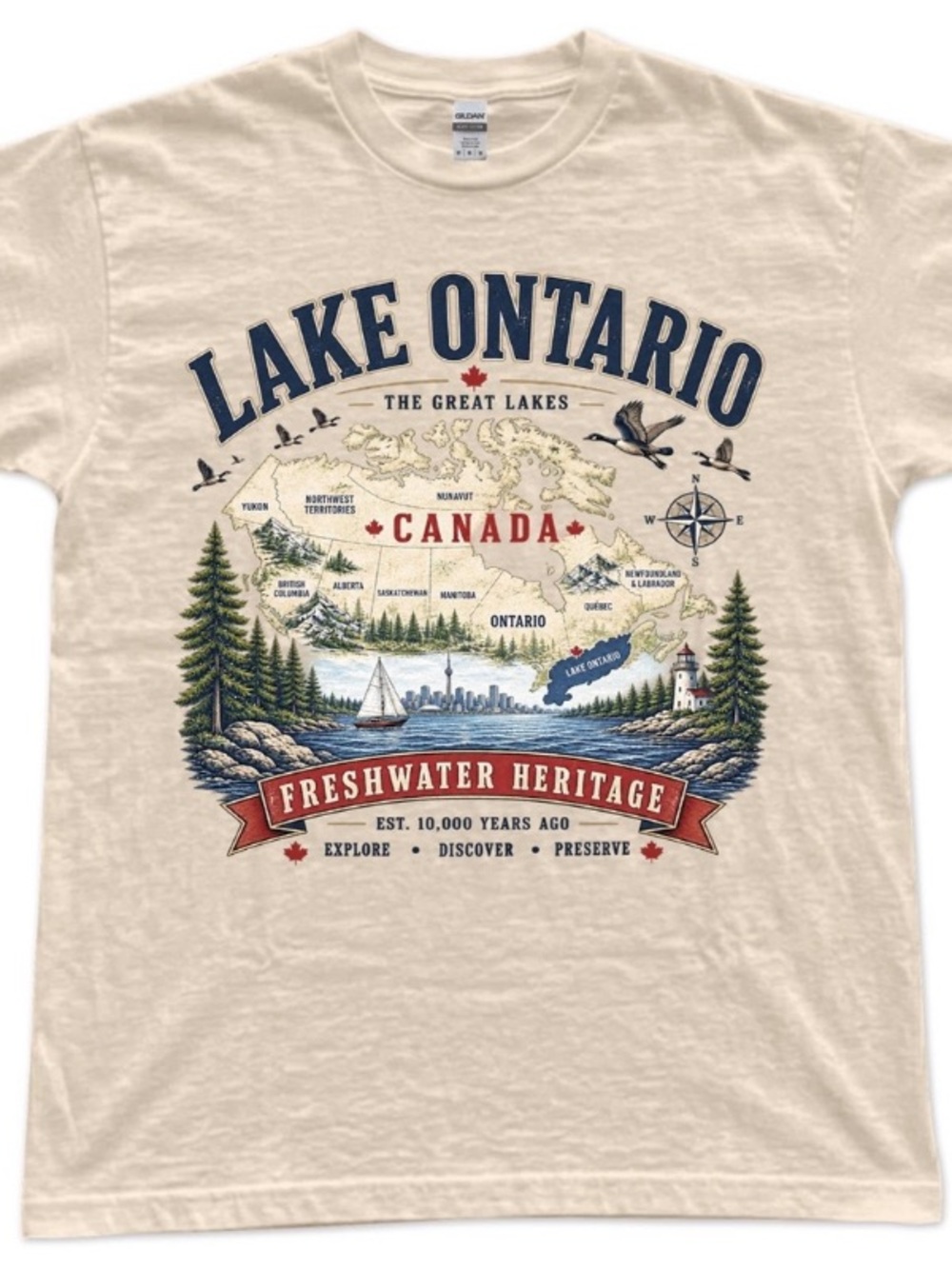 Lake Ontario Canada Freshwater Heritage Short Sleeve Tee - Cream